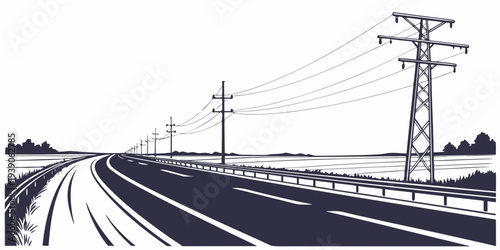A solitary road stretching into the distance beneath power lines and a clear sky