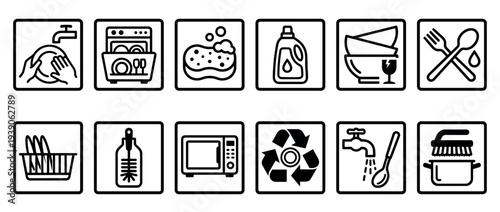 Dishwashing and kitchen cleaning line icon set showing symbols for hand washing, dishwasher, detergent, recycling, and kitchenware care instructions for household use