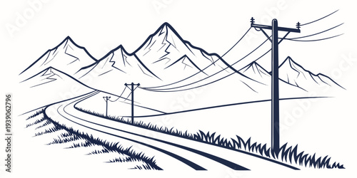 A vintage illustration of a winding railway track through mountainous terrain