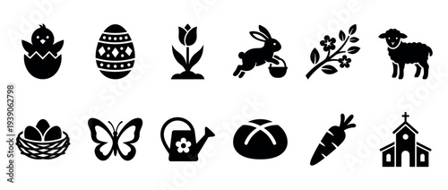 Set of black Easter holiday icons featuring a chick, bunny, lamb, decorated egg, tulip, church, and other spring symbols in a simple minimalist glyph style