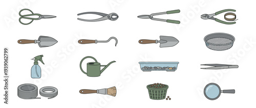 Collection of bonsai gardening tools and equipment including scissors, cutters, trowels, and a watering can, presented as a detailed icon set in a flat vector illustration style