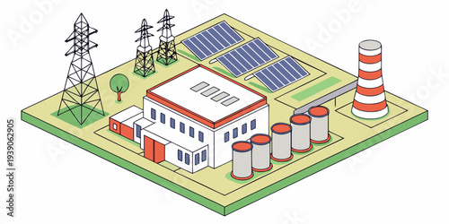 Industrial facility with solar panels and wind turbines for renewable energy production