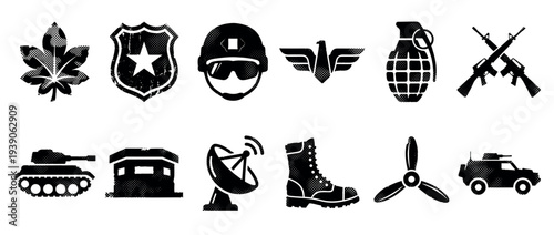 Set of military and police icons with a grunge halftone texture, featuring a tank, helmet, rifle, badge, and grenade, presented as black silhouettes for graphic design elements