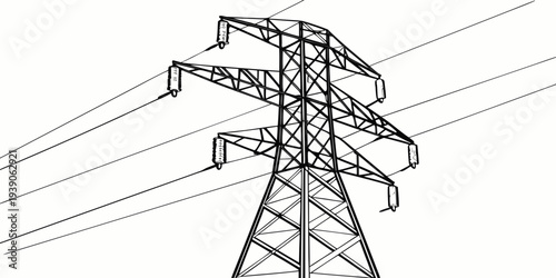 Tall power transmission tower against a clear sky with electrical cables.