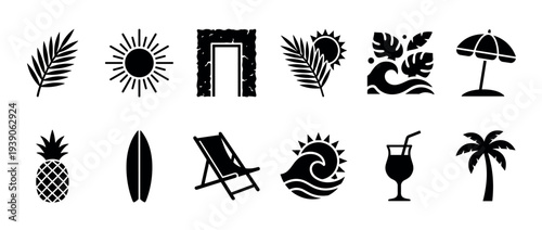 Collection of black summer vacation icons featuring a palm tree, sun, surfboard, pineapple, and cocktail for tropical travel and holiday themes in a minimalist silhouette style