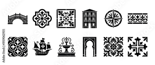 Collection of black stencil icons representing Portuguese cultural elements like azulejo tiles, a caravel ship, a fountain, and traditional architecture in a graphic vector style