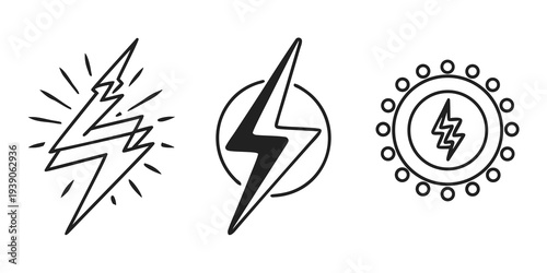 Three distinct lightning bolt and electrical symbols in minimalist line art style