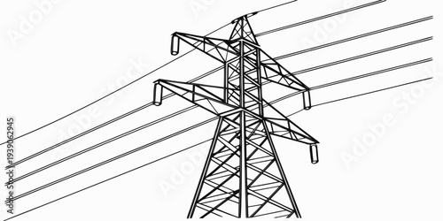 A tall electrical transmission tower standing against a sky with power lines.