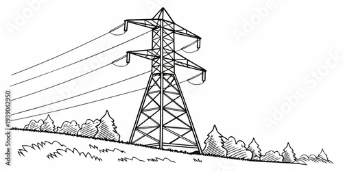 Power transmission tower standing amidst a hilly landscape under clear skies.