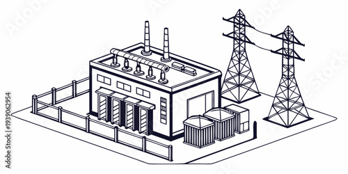 Industrial power plant facility with electrical transmission towers nearby