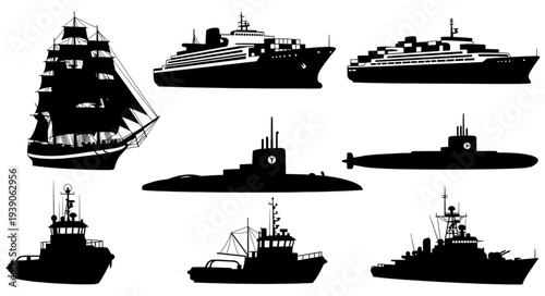 Collection of Silhouetted Ships and Vessels on White Background.