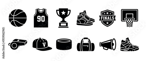 Collection of black basketball sport icons featuring essential equipment like a ball, jersey, sneakers, and hoop, alongside symbols of victory like a trophy and finals emblem
