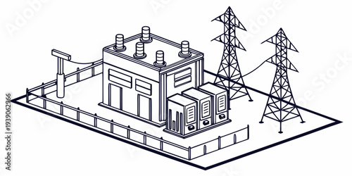 A schematic illustration of a substation with electrical infrastructure and transformers