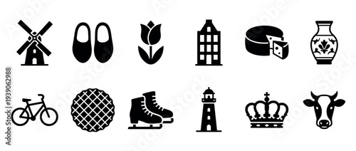 Collection of black minimalist glyph icons representing traditional European culture with symbols like a windmill, wooden shoes, tulip, cheese wheel, bicycle, and ice skates
