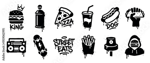 Set of black and white graffiti icons depicting street food and urban culture elements like a burger, pizza, spray can, and skateboard with a dripping paint effect