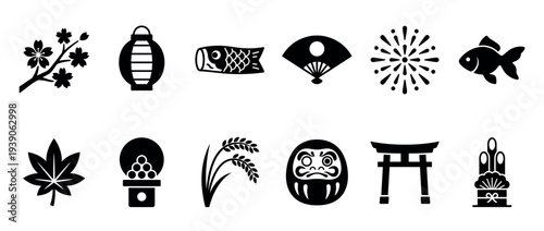 Set of twelve traditional Japanese icons featuring a sakura blossom, paper lantern, koinobori carp, folding fan, daruma doll, and torii gate in a clean black silhouette style
