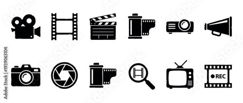 Set of twelve black movie production icons featuring a vintage camera, film roll, and clapperboard, presented in a simple graphic silhouette style with a distressed grunge texture