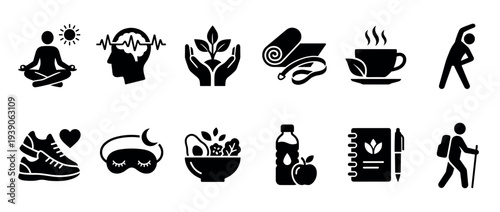 Set of black wellness and lifestyle icons representing meditation, fitness, healthy eating, sleep, and mental health in a minimalist glyph style