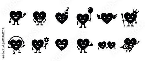 Set of twelve black silhouette heart characters with cute faces expressing different emotions and celebrating holidays with accessories like a crown, party hat, and balloon