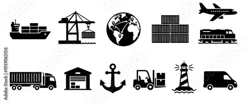 Set of black logistics icons representing global freight and cargo transportation, including a ship, plane, truck, train, warehouse, crane, and forklift in a flat vector style