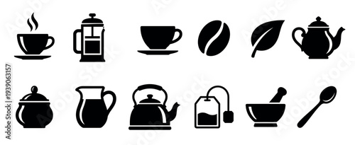 Black silhouette coffee and tea icon collection with various symbols including a steaming cup, French press, kettle, teapot, bean, leaf, and sugar bowl for a minimalist graphic design
