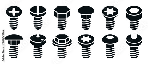 Collection of black screw and bolt icons featuring various head types like Phillips, slotted, and hex, presented as a minimalist glyph set for hardware and construction concepts