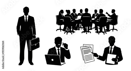Business professionals in various work situations silhouette collection.