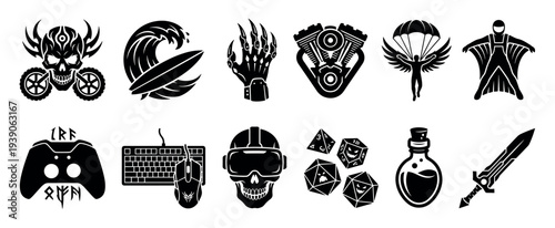 Set of twelve black stencil icons depicting various hobbies and interests, including extreme sports like surfing and skydiving, and fantasy gaming with swords, potions, and dice