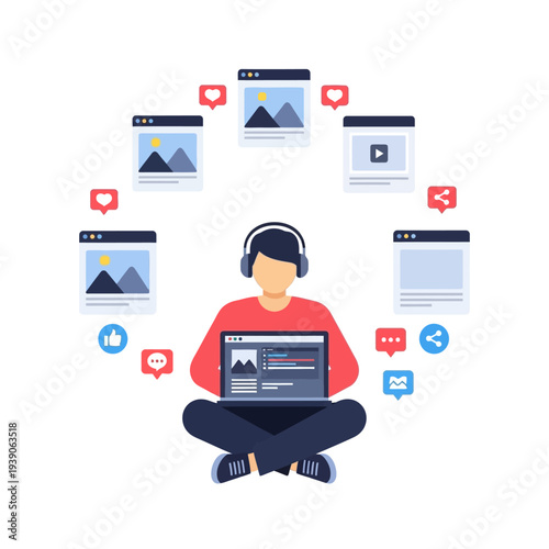 Individual creating and managing digital content with laptop, surrounded by social media engagement icons and multimedia displays.