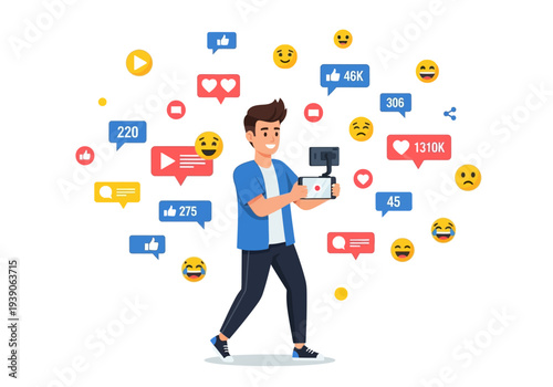 Modern vlogger producing online video content, receiving likes, shares, and comments from a diverse digital audience.
