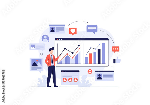 Business professional analyzing digital marketing data and social media performance on a dashboard, visualizing growth.