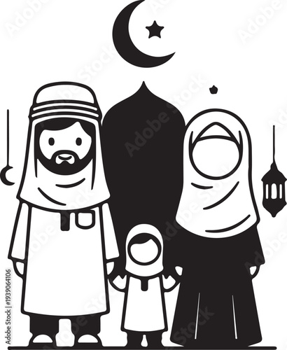 Four Black and White Outlined Figures of Women Wearing Hijabs and Dresses