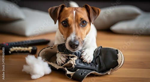 Naughty Jack Russell Terrier Dog Chewing on a Shoe Indoors.