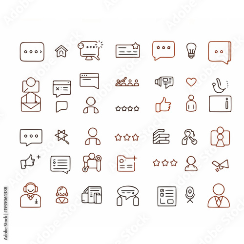 Minimal line icon set featuring business communication, customer service, feedback, and digital interaction symbols in modern outline style on light background.