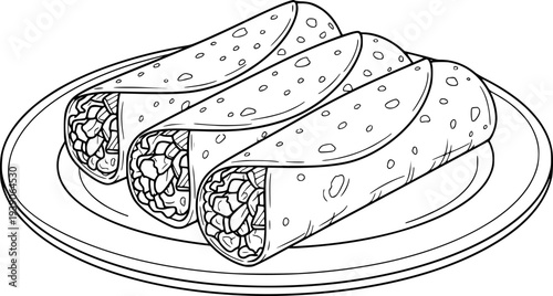 Delicious Burritos a Plate Hand Drawn Line food mexican