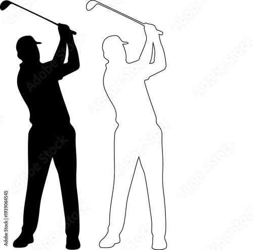 Golfer swing silhouette with outline and stroke style golf player hitting pose design set
