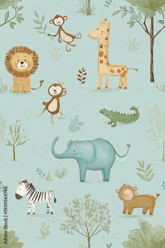 Fototapeta premium Cute cartoon jungle animals seamless pattern. Safari animals pattern with giraffes, elephants, and lions on a light blue background