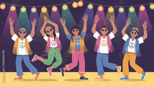 Group of happy young adults dancing with peace signs at a colorful music festival or party with string lights