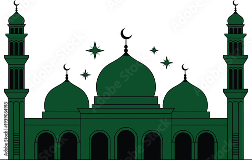 Green Mosque Silhouette with Minarets, Domes, and Crescent Moon Symbols Under Night Stars for Islamic Holidays