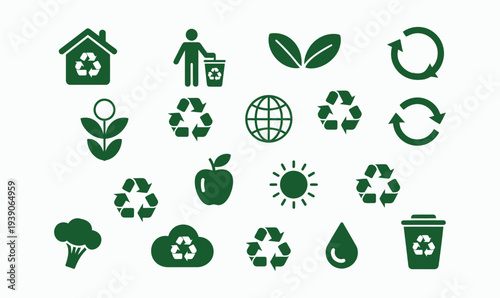Eco-Friendly Sustainability Icon Set with Recycling Symbols Green Energy and Environmental Conservation Elements