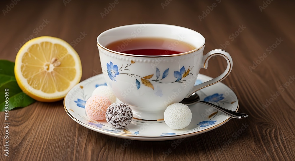 Obraz premium Elegant tea cup with lemon and sweets on wooden tabletop