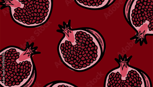 Pomegranate Seamless Pattern. Pomegranate Fruit Illustration. Handdrawn Seed Fruit Doodle. Repeating Red Fruit Texture. Minimalist Botanical Background. Fresh Fruit Pattern Design.
