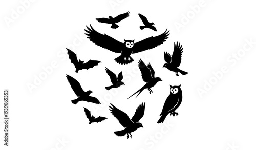 Night Flyers Silhouette Bundle Owls Bats and Nocturnal Birds Vector Set