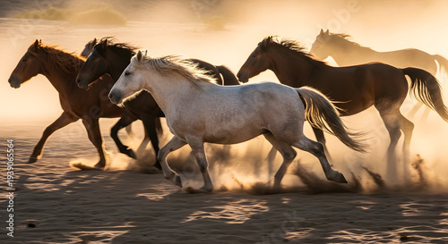 Wild white horses galloping desert mountains dust
