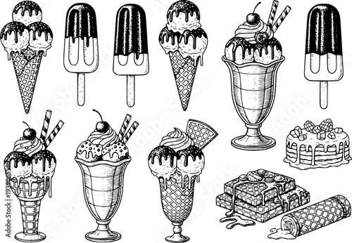 Hand Drawn Ice Cream Sundaes Cones Popsicles and Waffles Collection White Background