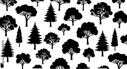 Black silhouette tree pattern white background diverse forest foliage and evergreen shapes