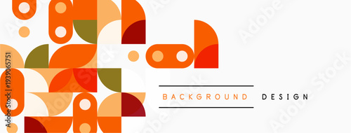 Abstract geometric shapes, orange hues dominate. Modern design elements create vibrant background. Minimalist style, clean composition.