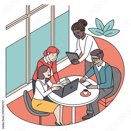 worker in uniform, Diverse business team collaborating, discussing project on a tablet in a modern office, showing teamwork and problem-solving