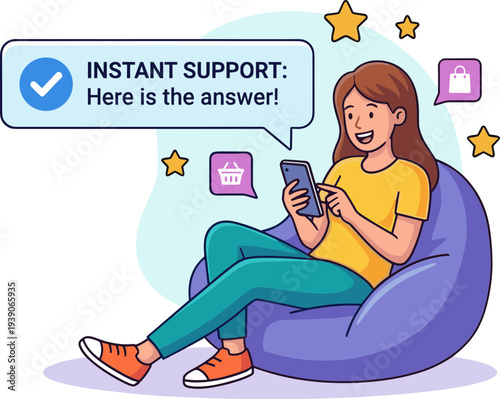 Woman sitting on a beanbag chair using her smartphone and receiving instant support