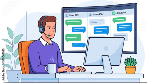 Man wearing headset sits at desk with computer and coffee